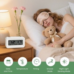 White Digital Alarm Clock with Temperature Date Weekday Display Battery Operate