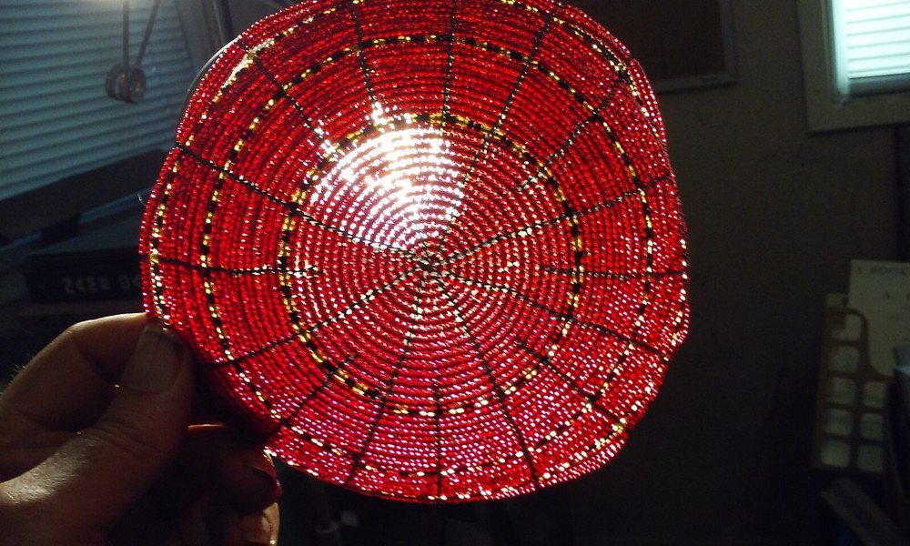 Vintage Beaded Ruby Red Wire Tiny Beaded Bowl Candy Dish or Lamp Top 6″ Inches