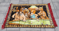Vintage 1970s Dogs Playing Pool Velvet Tapestry – Made in Italy Wall Rug 56×38