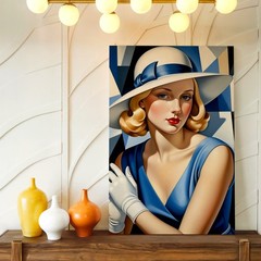 Wall Art Art Deco Woman Portrait Print Blue Dress White Hat Geometric Poster