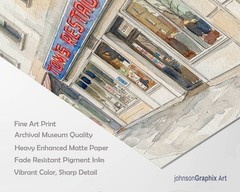 Toms Restaurant Watercolor Painting: New York Cityscape, Steinfeld Diner Print