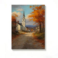 Autumn Village Street Canvas Painting 2D Flat Frameless Wall Art for Home Decor