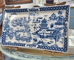 Blue, White Chinoiserie Porcelain Decorative Tray. Bronze Dragonfly feet-10″L