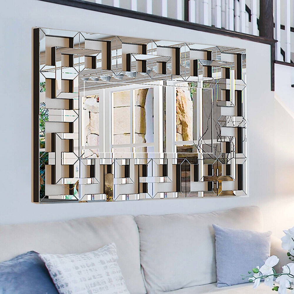 Geometric Decorative Wall Mirror Crystal Crush Diamond Wooden Back Constructed