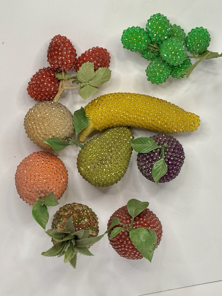Vintage MCM Push Pin Sequined Beaded Jewel Faux Fruit Decor Lot Of 9 Pineapple