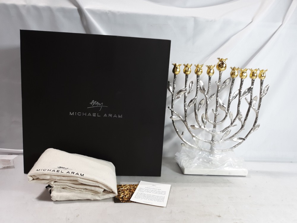 Michael Aram Pomegranate Menorah Nickelplate Goldtone Marble