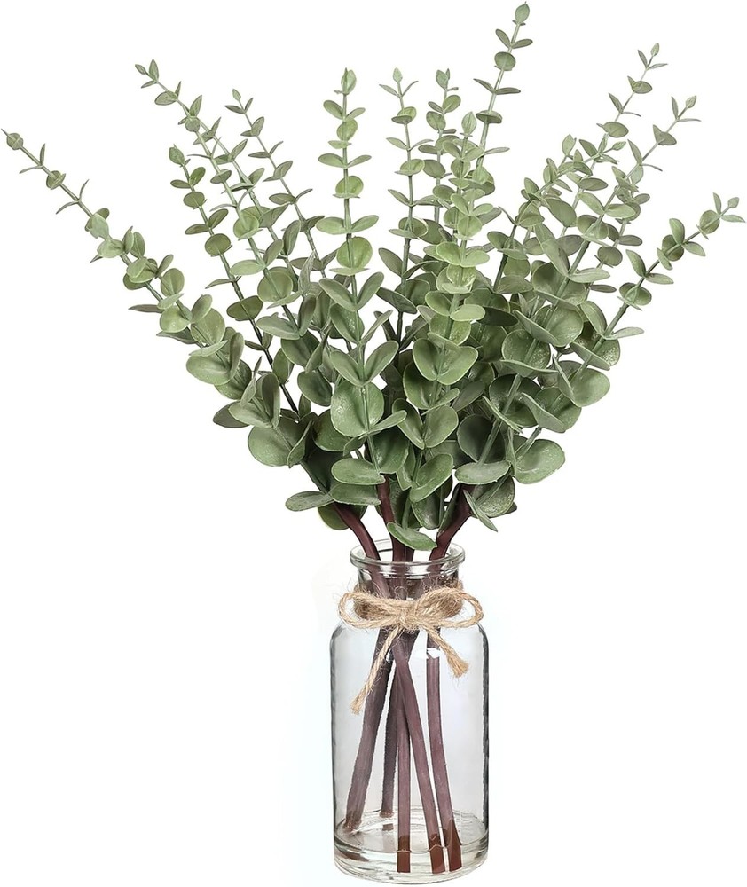 17.5″ Artificial Eucalyptus Stems in Glass Vase W/ Faux Water,Fake Plant