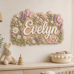 Personalized 3D Wood Name Sign, Floral Butterfly Nursery Decor, Boho Baby Girl