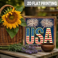 Patriotic USA Fireworks Wood Plaque, Flag Letter Print 4th of July Wall Decor
