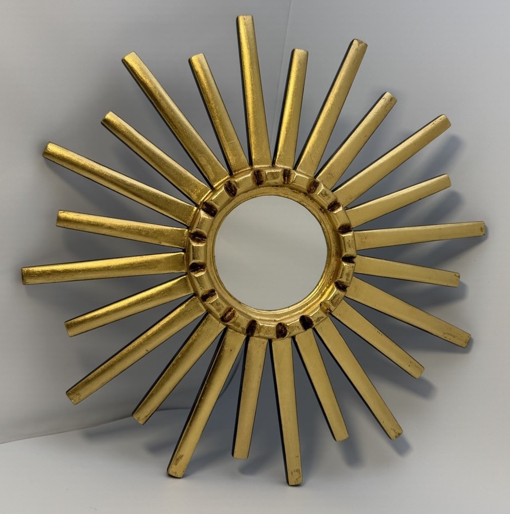 Peruvian Sunburst Wall Mirror 12″ Hand Carved Wood Gold Leaf Incan Starburst