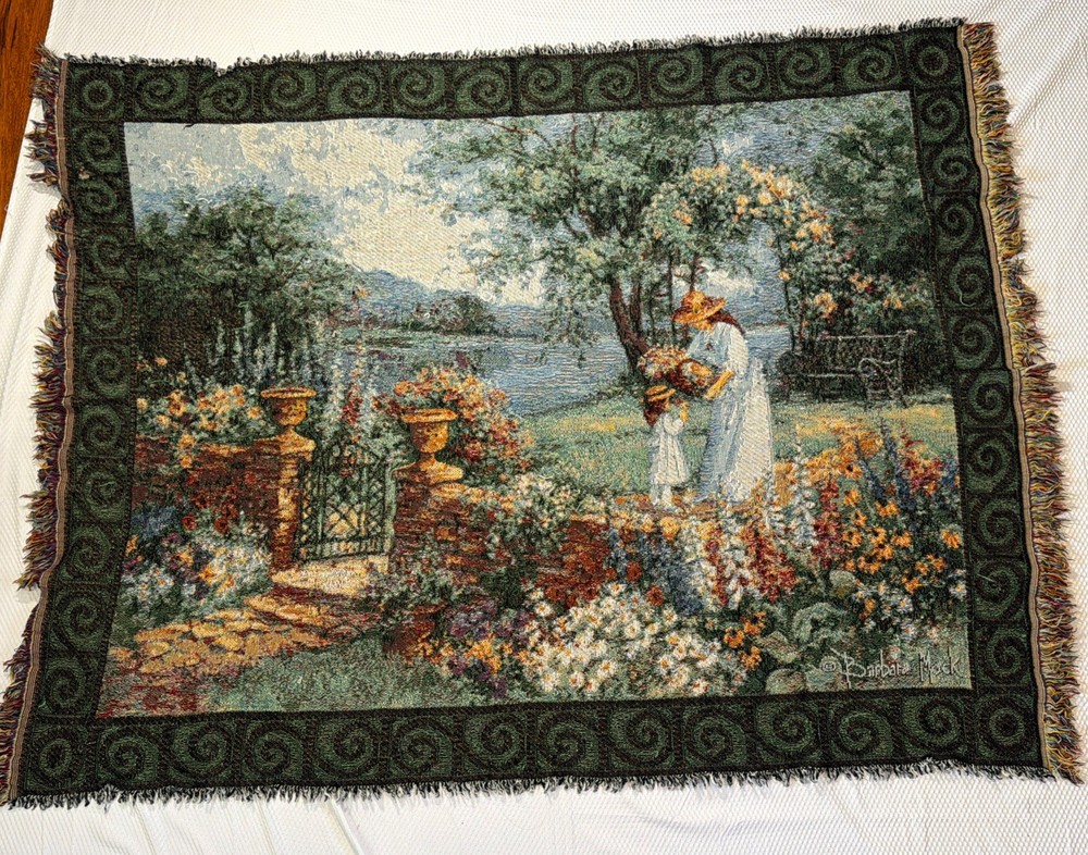 Barbara Mack Antiquarian Tapestry Woven Fringed Throw Blanket 56”x44” Flawed