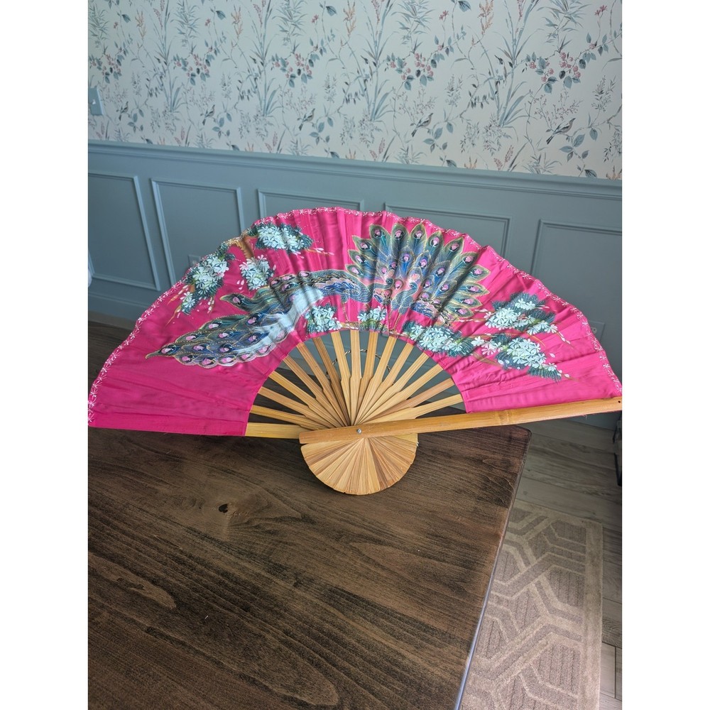 Vintage Hand Painted Peacock Wall Fan Bamboo Pink Floral Folding Asian Decor