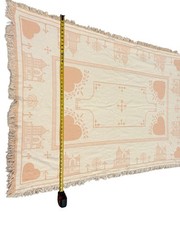 Vintage 1990 Tapestry Throw Cottagecore Peach Cream Houses Hearts Granny Mom