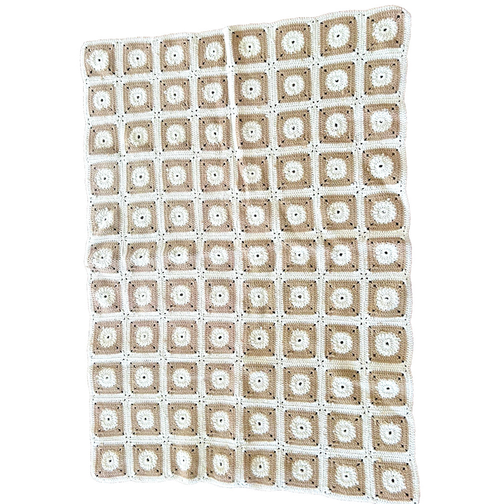 Vtg Retro Handmade Crochet Afghan Granny Square Blanket Beige Cream Boho 36″x49″