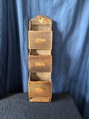 Slim Wooden Mail Organizer Key Holder Letters Bills Wall Hanging / Mount VTG S5