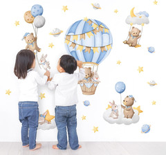 Blue Hot Air Balloon Wall Stickers Cartoon Bear Rabbit Stars Planets Wall Dec…