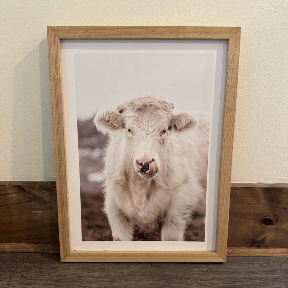Framed Cow Print Wall Art, Vertical Animals Theme, Beige White Brown