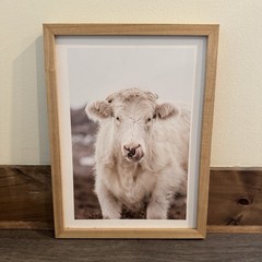 Framed Cow Print Wall Art, Vertical Animals Theme, Beige White Brown