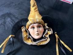 Vintage Porcelain Jester Mardi Gras Venetian Style Decorative Mask Gold Black