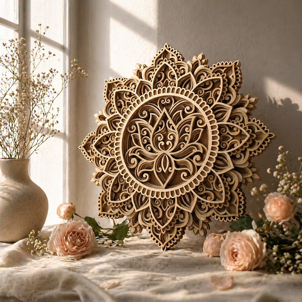 American- Mandala Wall Decor 12 Inch Multilayer Wooden Lotus Mandala Wall ART