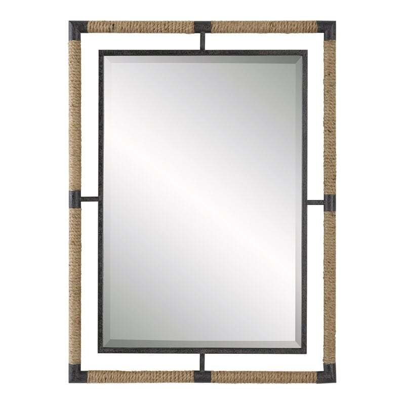 Maklaine Coastal Iron Rope MDF Wood and Glass Mirror in Rust Black