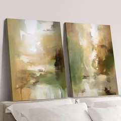 2pcs Green, Beige, Brown and White Abstract Wall Art Canvas Unframed