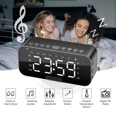 Portable Digital Alarm Clock FM Radio Wireless Bluetooth Mirror LED With Speaker