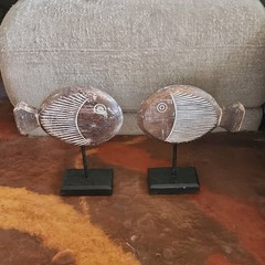 Rustic Wood Fish Figurines Set of 2 Brown White Black Free Standing Decor