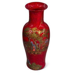 US Seller – 36in Red Lacquer Chinoiserie Scenery Motif Chinese Porcelain Vase