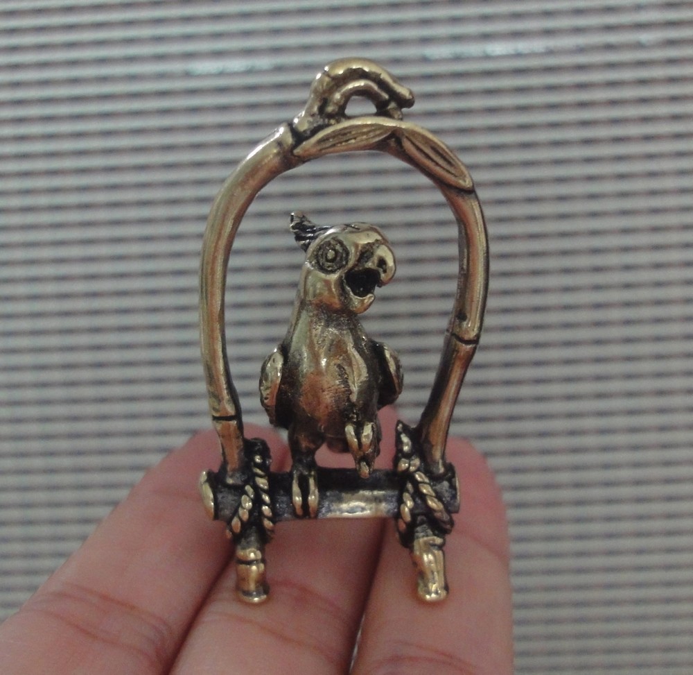 Solid Brass Parrot in Birdcage Animal Statue Pendant for Home Decor