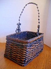 VINTAGE BAMBOO OBLONG BASKET w/METAL SCROLL HANDLE ~ 12 1/2 L x 8 W x 6 H ~ VGUC