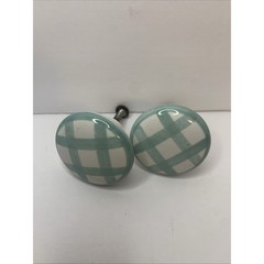 Set of 2 Ceramic Drawer Knobs Teal Blue White Plaid Gingham Round Cabinet Pulls