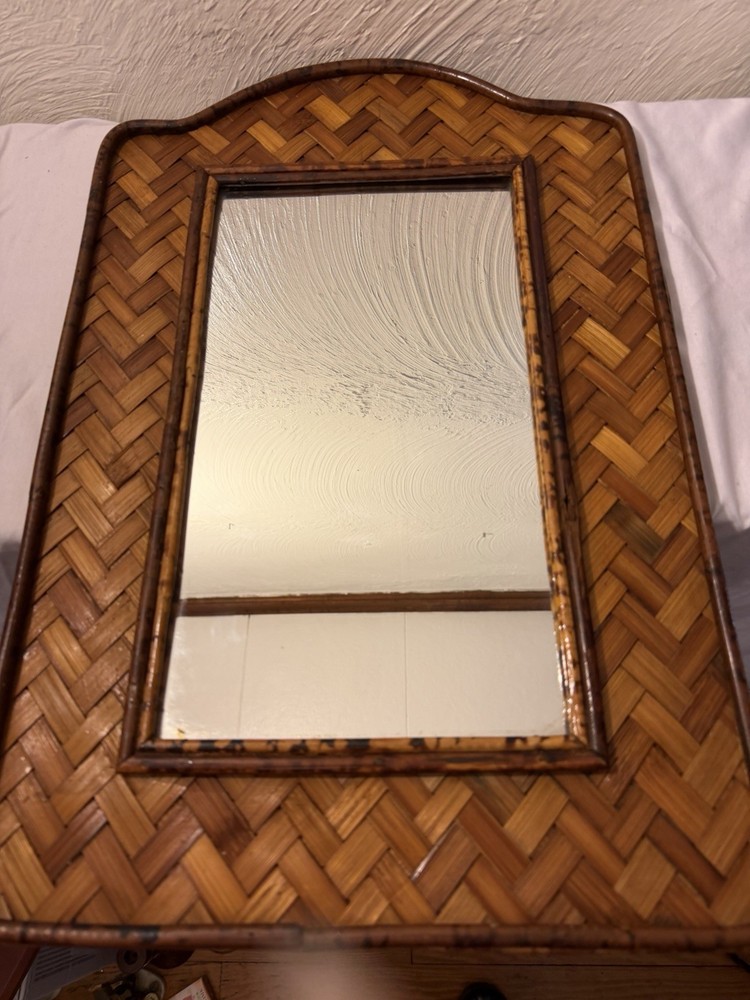 Vintage 1970’s Mottled Arched Bamboo Rattan Herringbone Pattern Mirror Hong Kong