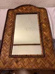 Vintage 1970’s Mottled Arched Bamboo Rattan Herringbone Pattern Mirror Hong Kong