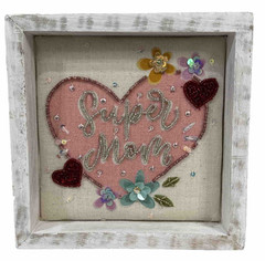 Super Mom Rustic White Wooden Shadow Box 7″ x 7” Heart Sequins Beads Mothers Day