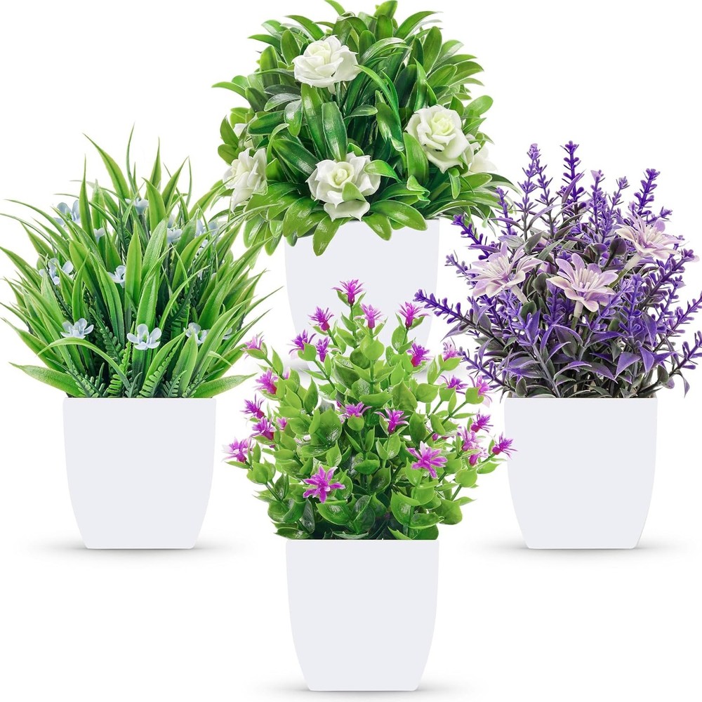 4 Pack Small Artificial Flowers Plants for Centerpieces Home Office Bathroom