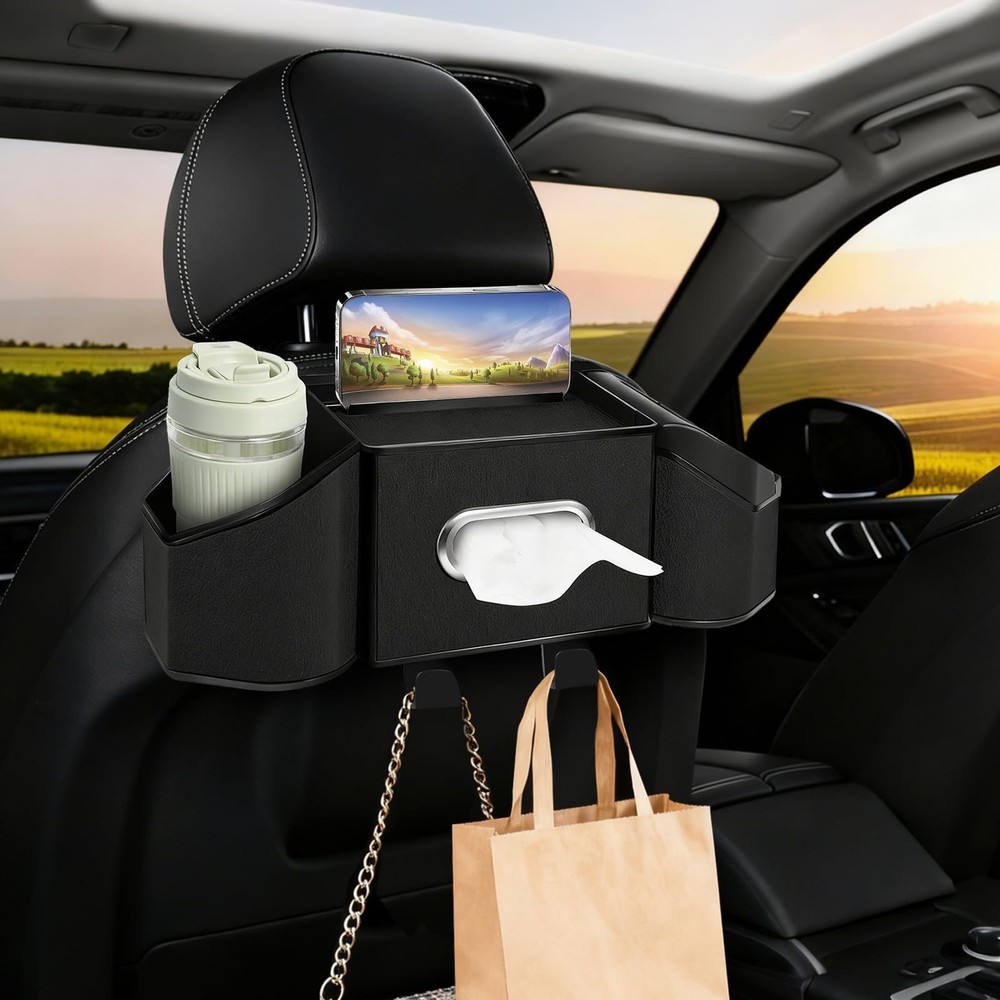 7-In-1 Car Seat Back Organizer with Cup Holders, Tissue Box, Garbage Can&Hook…