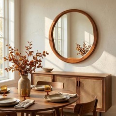 30″ Walnut Round Wall Mirror,Large Solid Wood Wavy Frame, Mid-Century for Living
