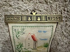 42 in VTG Norwegian Cross Stitch Wall Hanging Brass Accents Cording Finish Lined