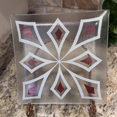 Midcentury Style Clear Glass Dish White & Gold Starburst Pattern 8.25”