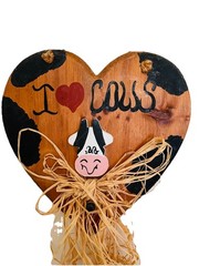 Vintage 1990s «I Love Cows» Wooden Heart Wall Hanging Raffia Cow Decor