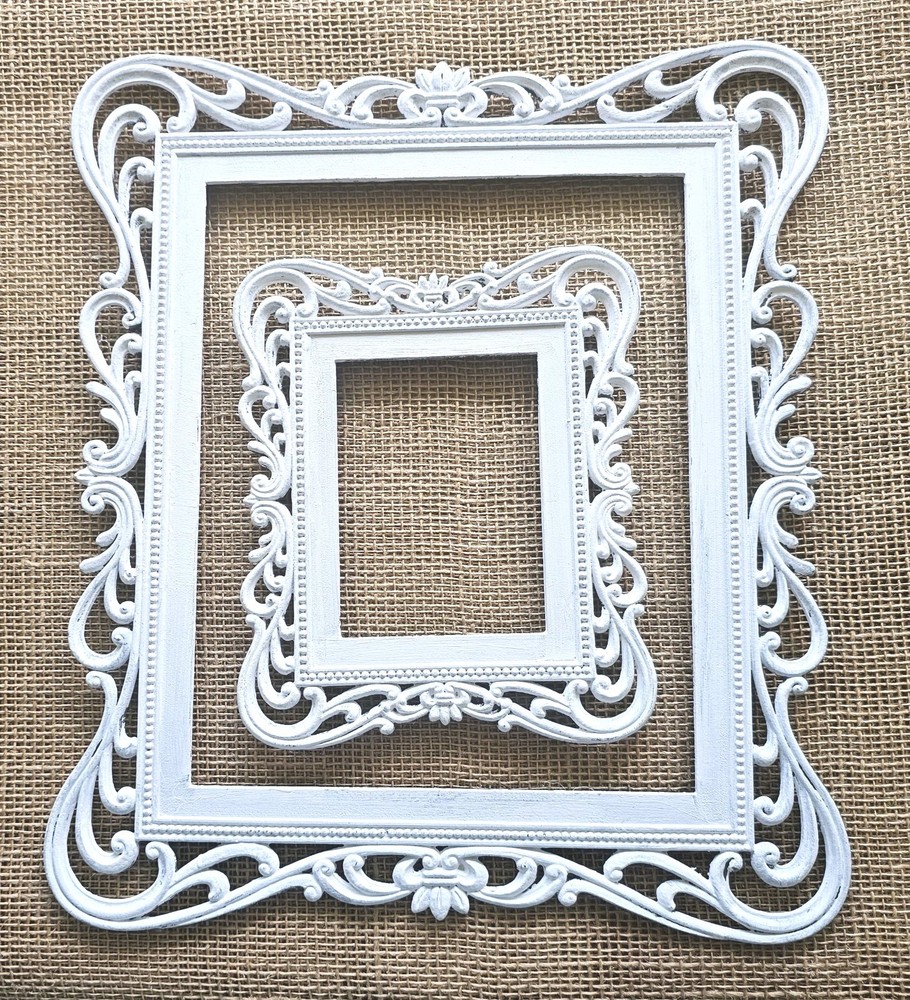 2 White Painted Metal Shabby Chic Rococo Wall Decor Frames 12″x14″ & 8″x6.5″