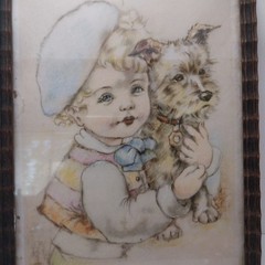 Antique 1909 Illust. & Picture Frame Girl With Her Puppy Unique Letter On Back