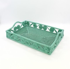 New Swirly Rectangle Large Rattan Tray with Handles-Turquoise-17.7″