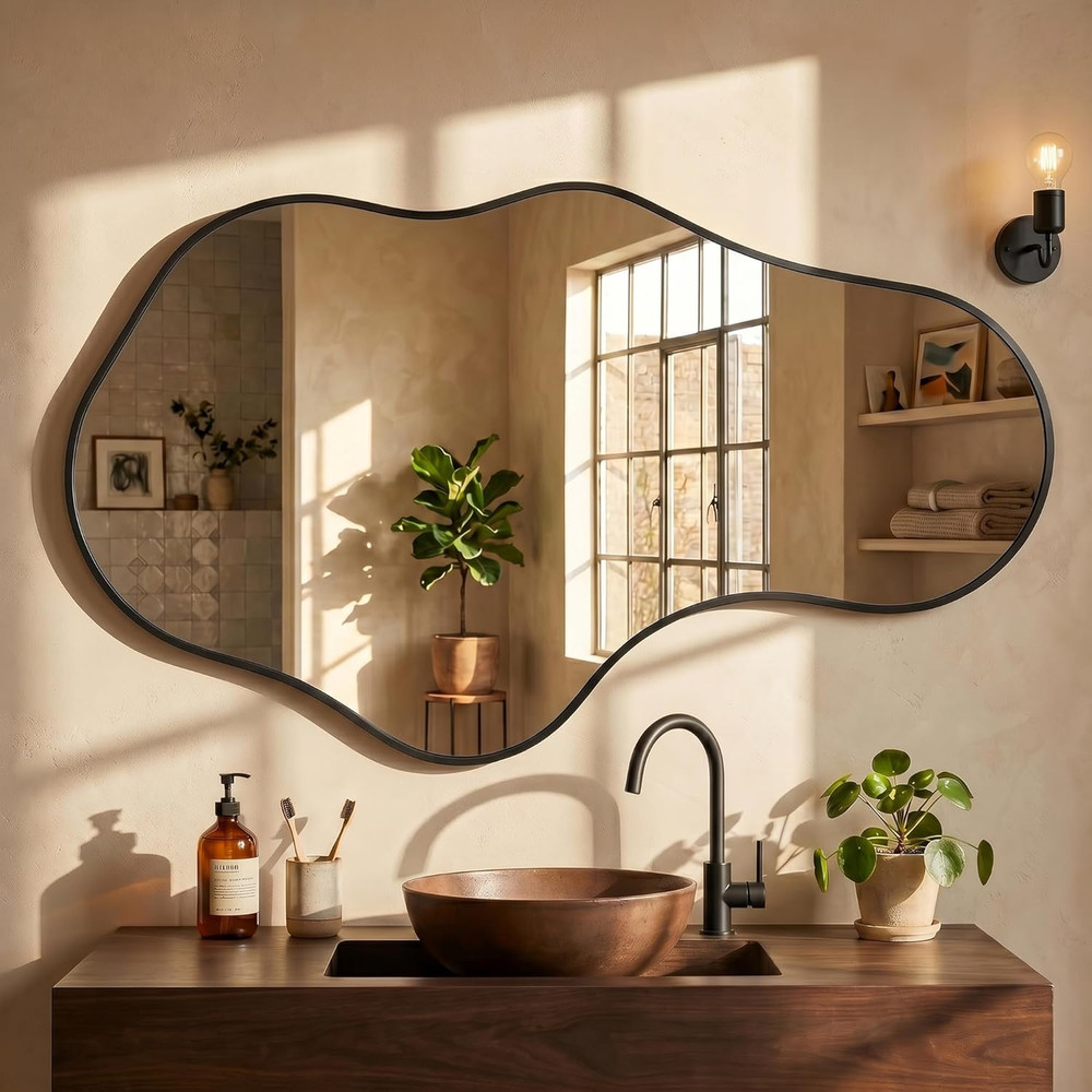 Irregular Wall Mirror, 22″x36″ Black Abstract Asymmetrical Mirrors for Wall, Dec