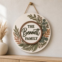 Personalized Family Name Sign Greenery Wreath Wooden Door Hanger
