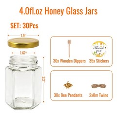 BIGIVACA 4 oz Hexagon Mini Glass Honey Jars with Wood Dippers,30 4 oz-30 pack