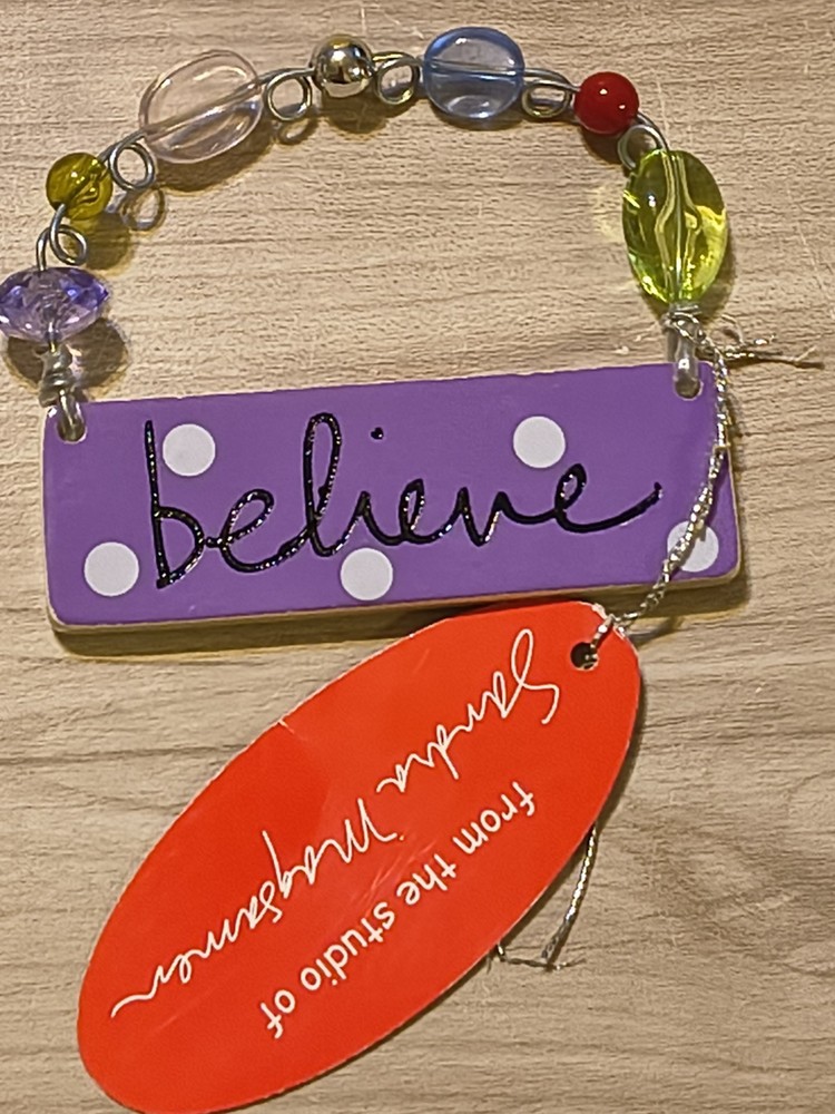 SMALL, CERAMIC «BELIEVE» WALL PLAQUE With BEADED WIRE Sandra Magsamen Cute