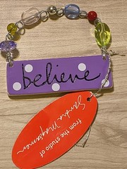SMALL, CERAMIC «BELIEVE» WALL PLAQUE With BEADED WIRE Sandra Magsamen Cute