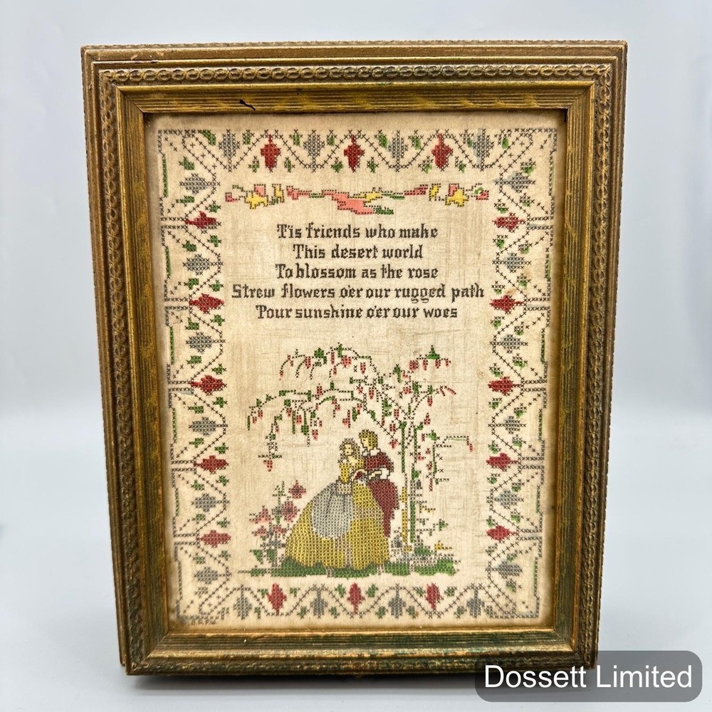 Vintage Embroidered Jewelry Box Mirror Compartments Gold Medium Floral Sampler